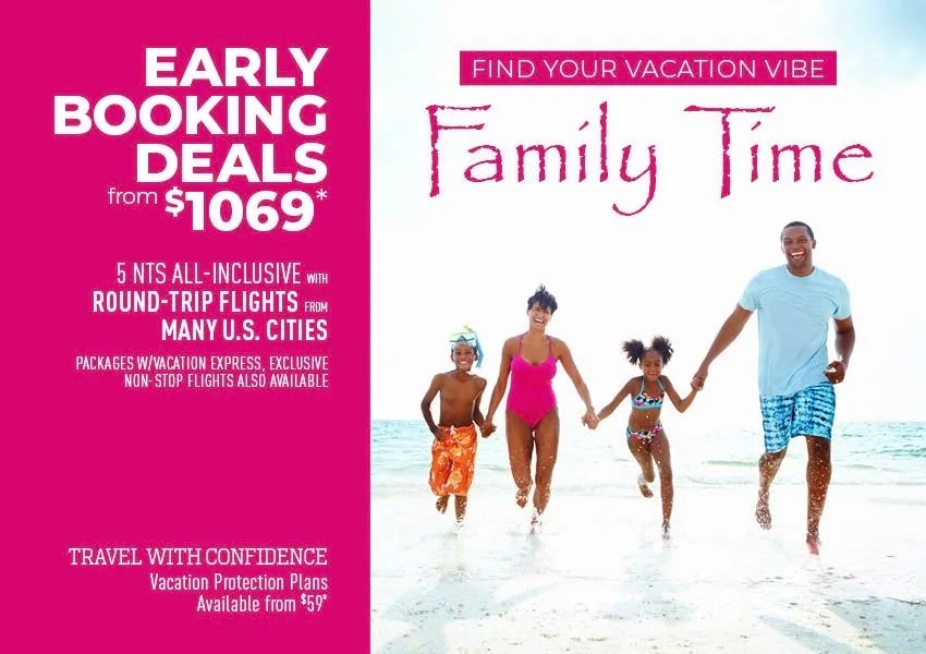 Early Booking Deals from $1,069 travel deal flyer with a family walking on a beach