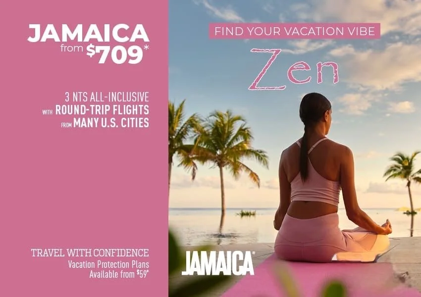 Jamaica from $709 travel deal flyer with a beach scene and a person practicing yoga
