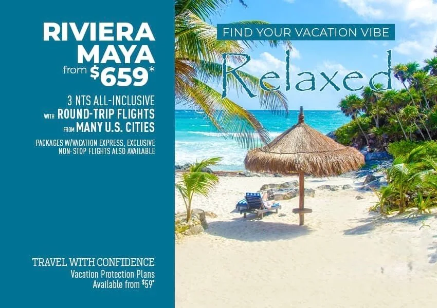 Riviera Maya from $659 travel deal flyer with a quiet beach and thatched umbrella